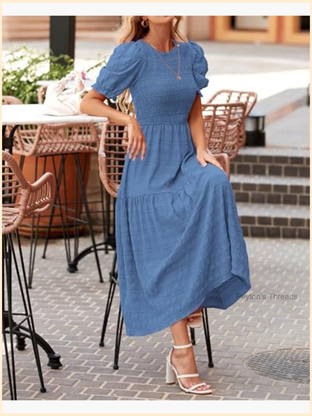 Smocked Puff Sleeve Tiered Maxi Dress Crewneck Ruffle Boho Sundress - Picture 3 of 7
